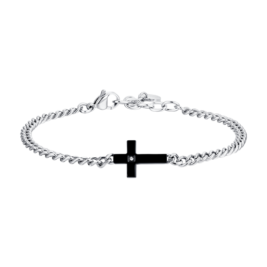 PULSERA ACERO IP CRUZ NEGRA Y CIRCONITAS BLANCAS