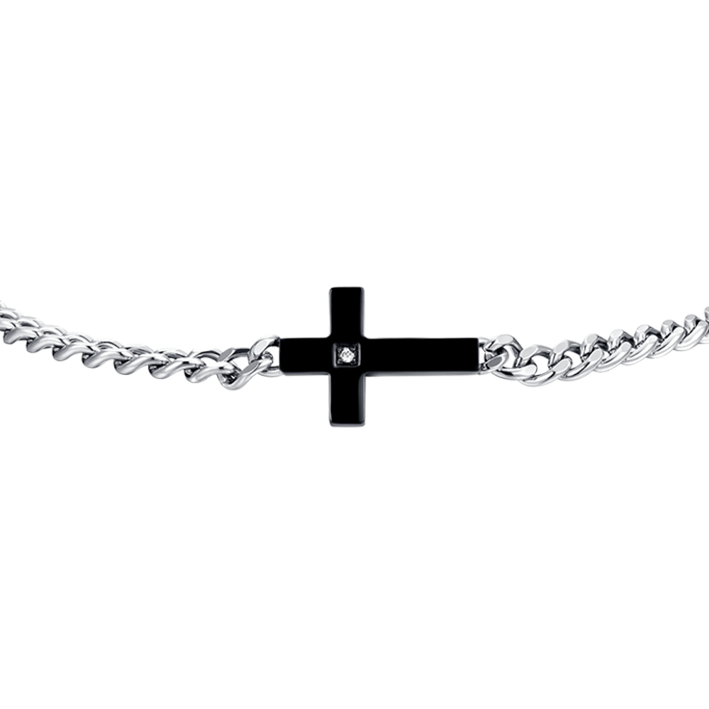 PULSERA ACERO IP CRUZ NEGRA Y CIRCONITAS BLANCAS