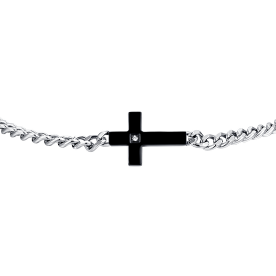PULSERA ACERO IP CRUZ NEGRA Y CIRCONITAS BLANCAS
