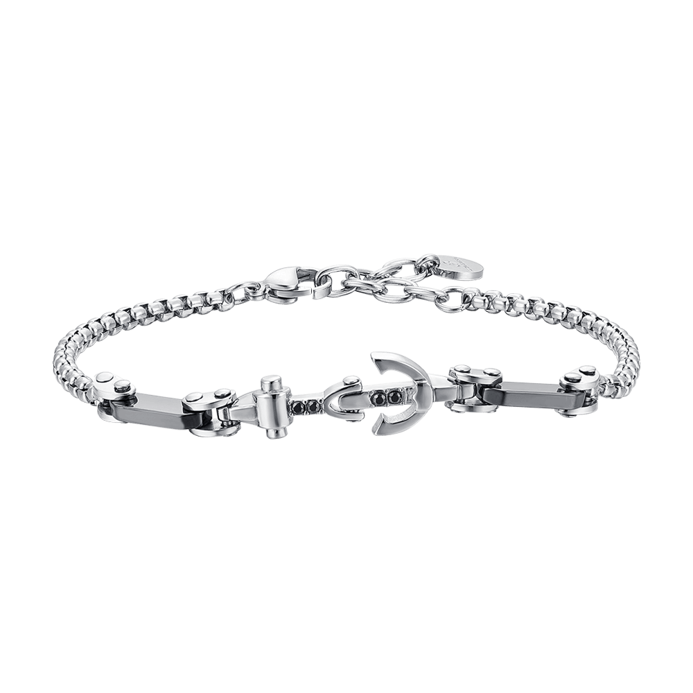 PULSERA DE HOMBRE DE ACERO CON ANCLA Y CRISTAL NEGRO