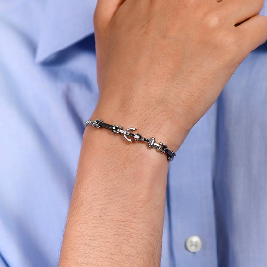 PULSERA DE HOMBRE DE ACERO CON ANCLA Y CRISTAL NEGRO