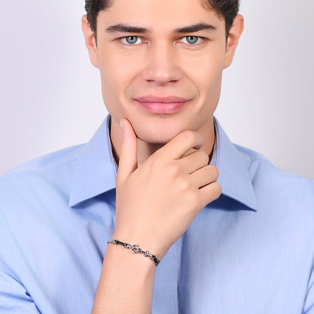 PULSERA DE HOMBRE DE ACERO CON ANCLA Y CRISTAL NEGRO
