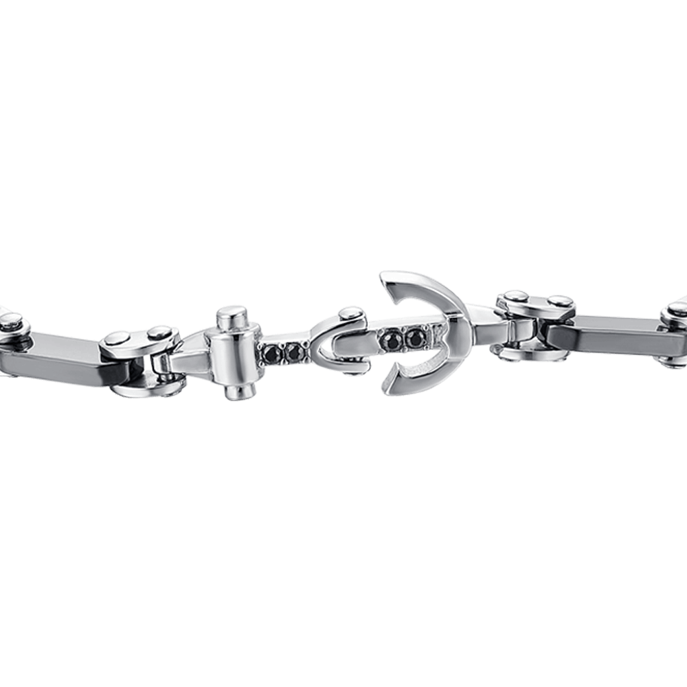 PULSERA DE HOMBRE DE ACERO CON ANCLA Y CRISTAL NEGRO