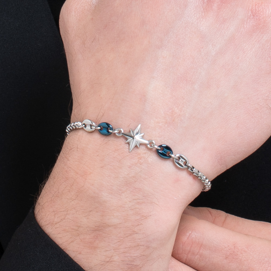 BRACCIALE UOMO IN ACCIAIO CON ROSA DEI VENTI ED ELEMENTI IN ACCIAIO IP BLU
