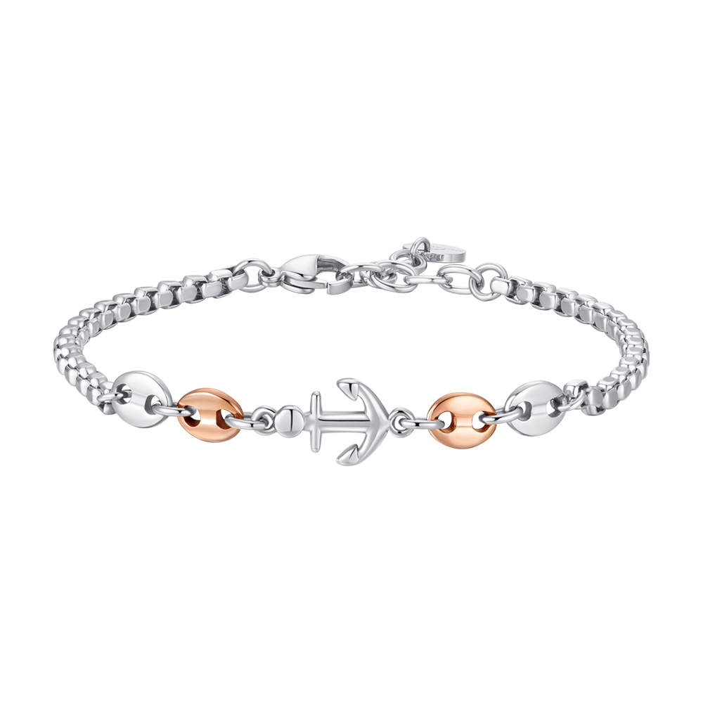 BRACCIALE UOMO IN ACCIAIO CON ANCORA ED ELEMENTI IN ACCIAIO IP ROSE