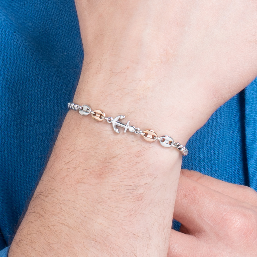 BRACCIALE UOMO IN ACCIAIO CON ANCORA ED ELEMENTI IN ACCIAIO IP ROSE