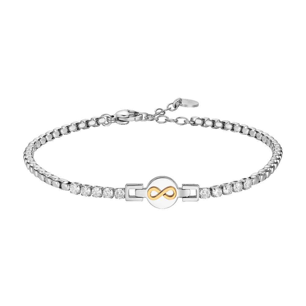 BRACCIALE TENNIS UOMO IN ACCIAIO CON INFINITO IP ROSE E ZIRCONI BIANCHI
