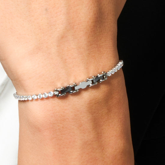 BRACCIALE TENNIS UOMO IN ACCIAIO CON CERAMICA NERA E ZIRCONI BIANCHI