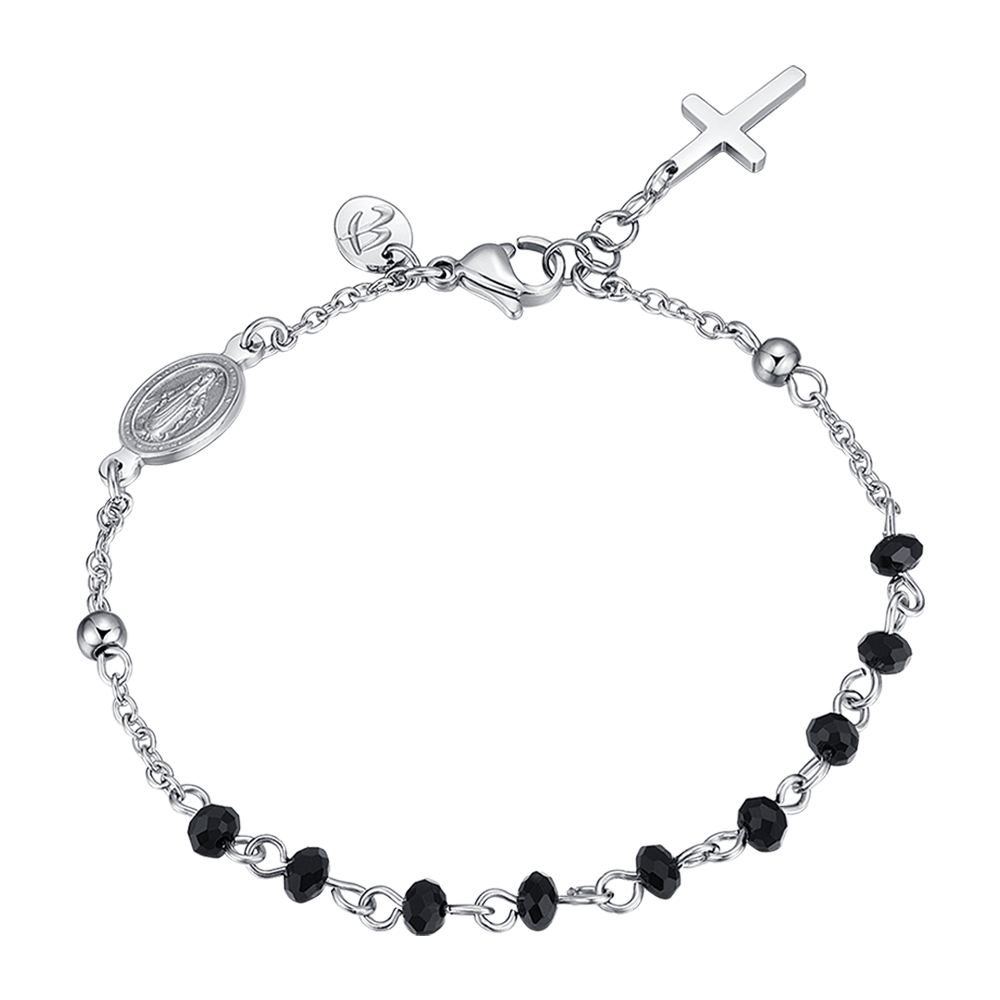 PULSERA DE ACERO PARA HOMBRE CON ROSARIO, COLGANTE DE CRUZ Y CRISTALES NEGROS