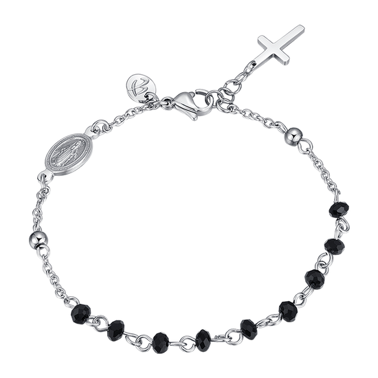 PULSERA DE ACERO PARA HOMBRE CON ROSARIO, COLGANTE DE CRUZ Y CRISTALES NEGROS