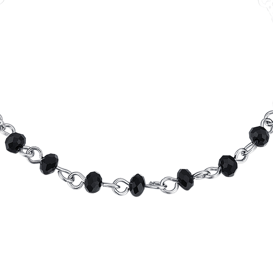 PULSERA DE ACERO PARA HOMBRE CON ROSARIO, COLGANTE DE CRUZ Y CRISTALES NEGROS