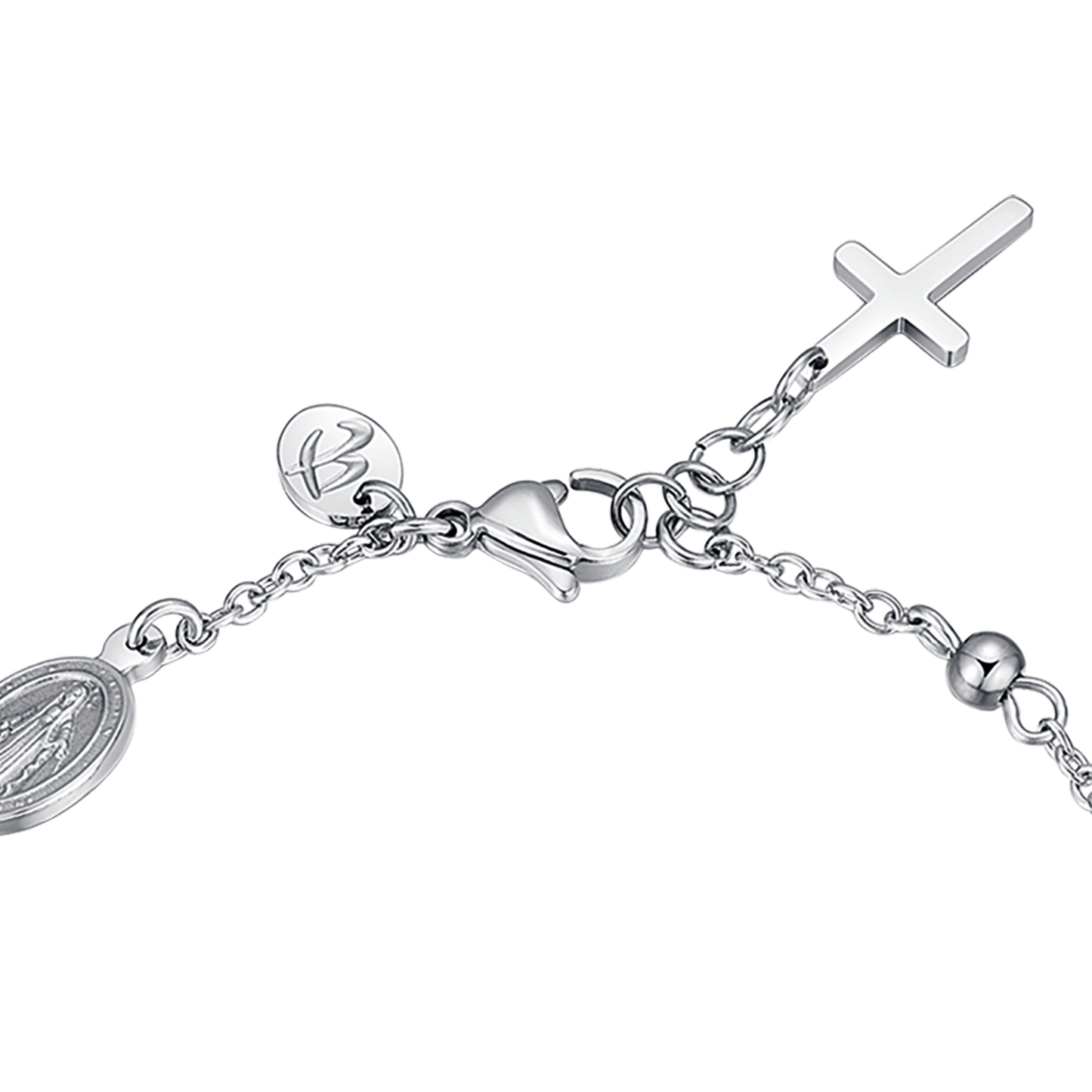 PULSERA DE ACERO PARA HOMBRE CON ROSARIO, COLGANTE DE CRUZ Y CRISTALES NEGROS