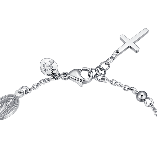 PULSERA DE ACERO PARA HOMBRE CON ROSARIO, COLGANTE DE CRUZ Y CRISTALES NEGROS