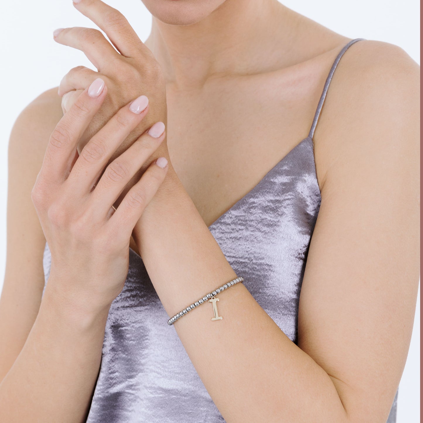 BRACCIALE DONNA IN ACCIAIO PALLINATO CON LETTERA I