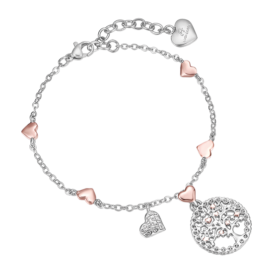 PULSERA DE ACERO ÁRBOL DE LA VIDA PARA MUJER CON COLGANTE IP Y CORAZONES