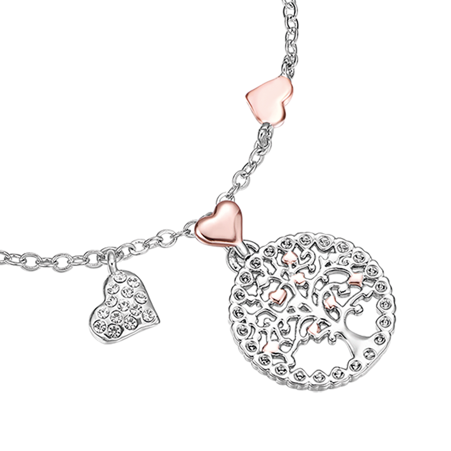 PULSERA DE ACERO ÁRBOL DE LA VIDA PARA MUJER CON COLGANTE IP Y CORAZONES