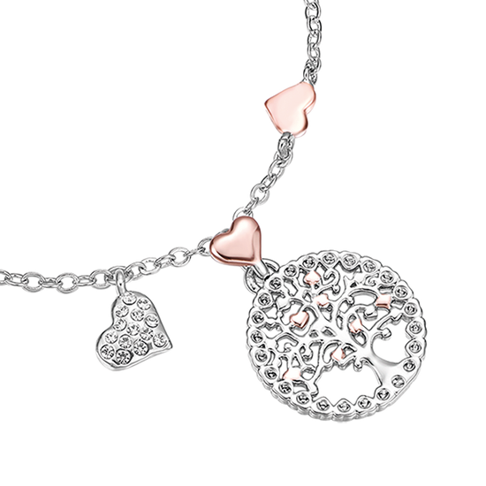 PULSERA DE ACERO ÁRBOL DE LA VIDA PARA MUJER CON COLGANTE IP Y CORAZONES