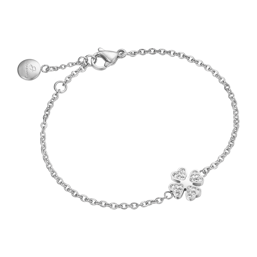 PULSERA DE ACERO PARA MUJER CON TRÉBOL DE CUATRO HOJAS Y CRISTALES