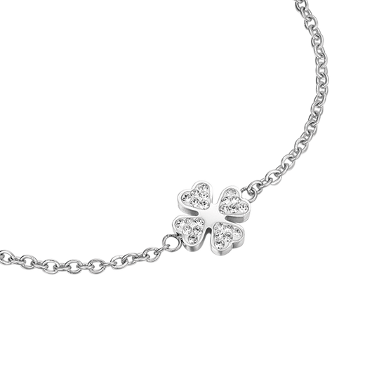 PULSERA DE ACERO PARA MUJER CON TRÉBOL DE CUATRO HOJAS Y CRISTALES