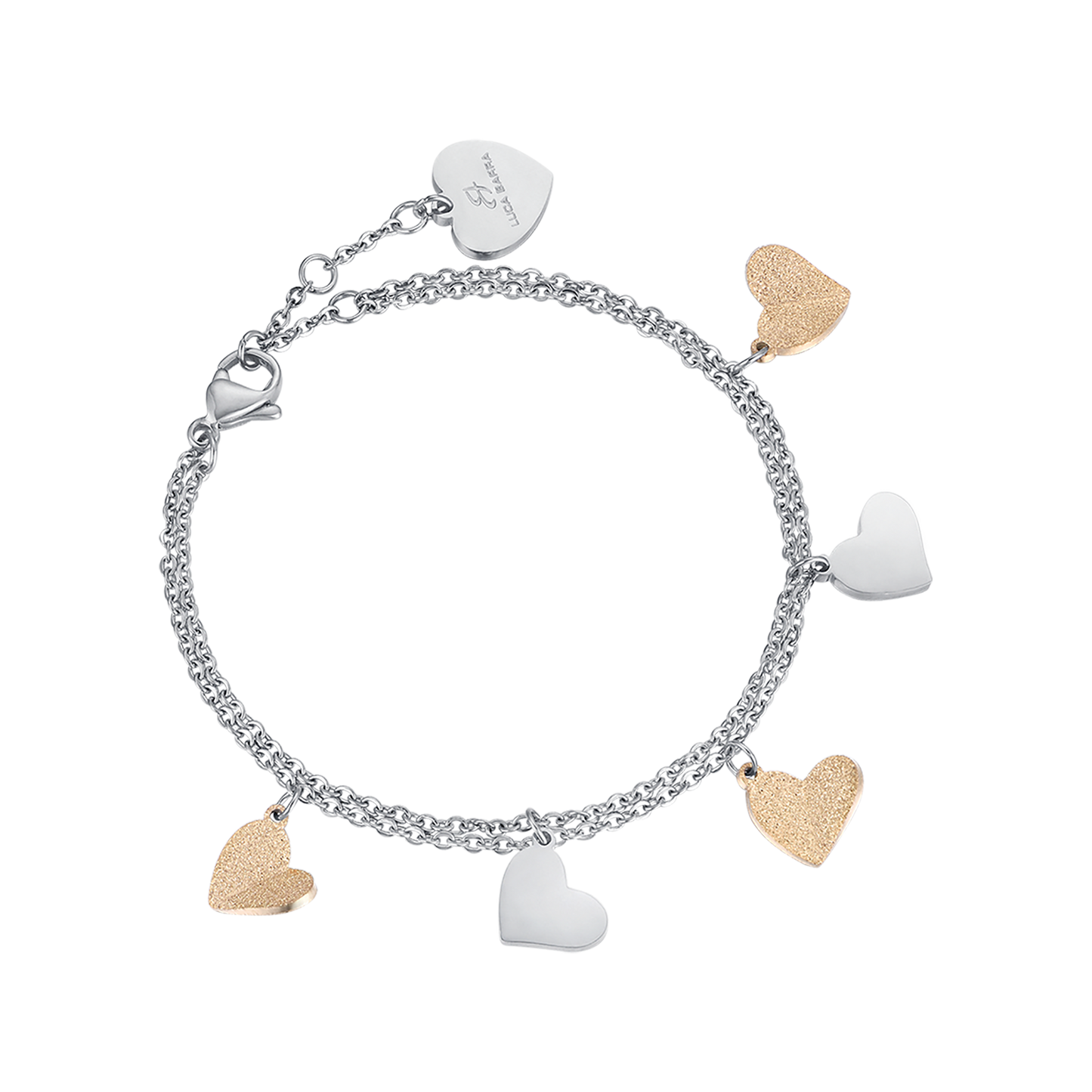 PULSERA DE ACERO CON CORAZONES Y PURPURINA DORADA IP