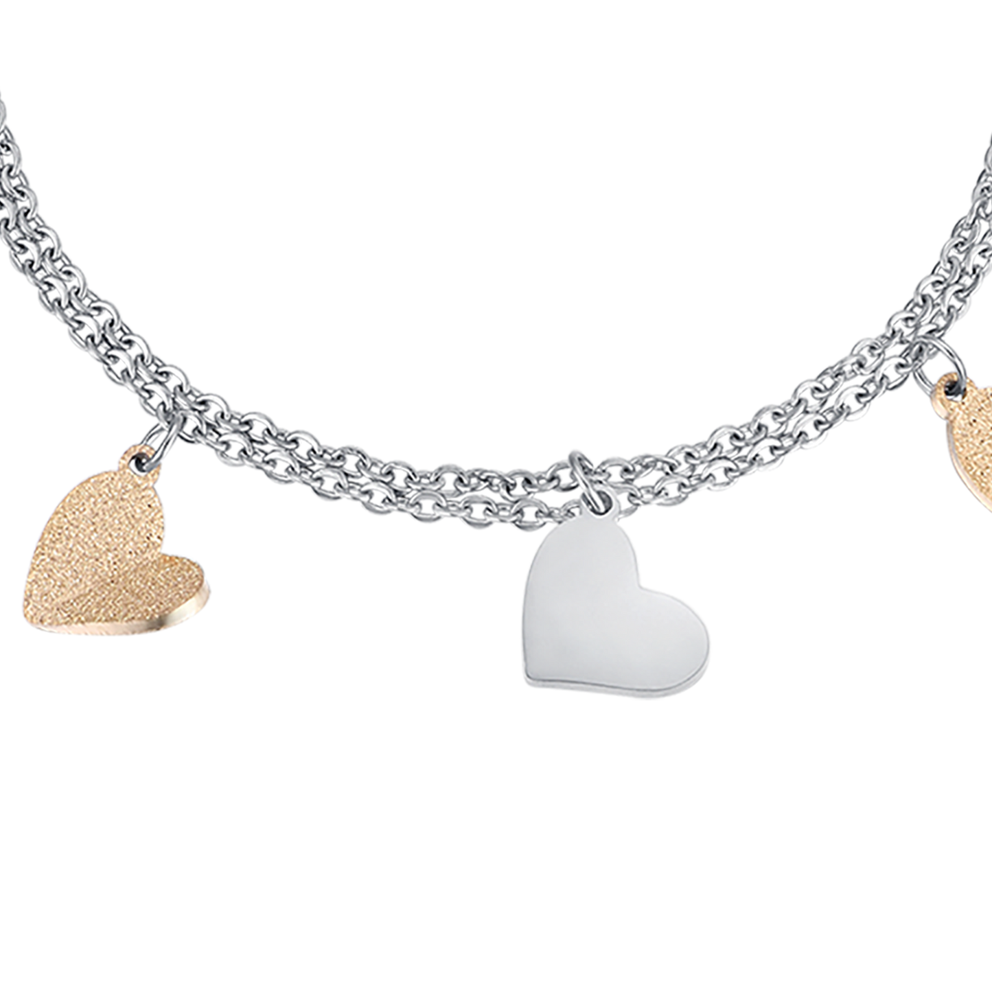 PULSERA DE ACERO CON CORAZONES Y PURPURINA DORADA IP