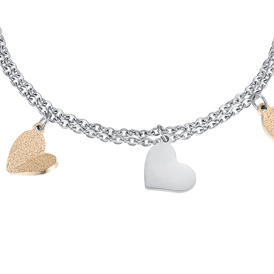 PULSERA DE ACERO CON CORAZONES Y PURPURINA DORADA IP