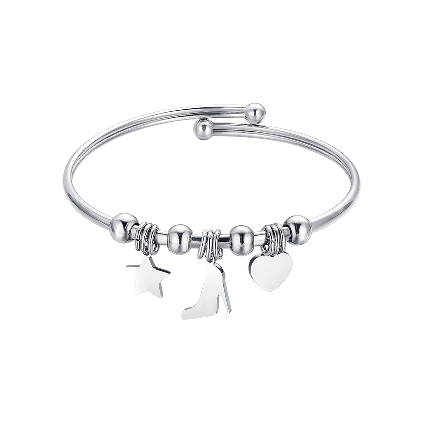 PULSERA DE ACERO CON ESTRELLA, ZAPATO Y CORAZÓN