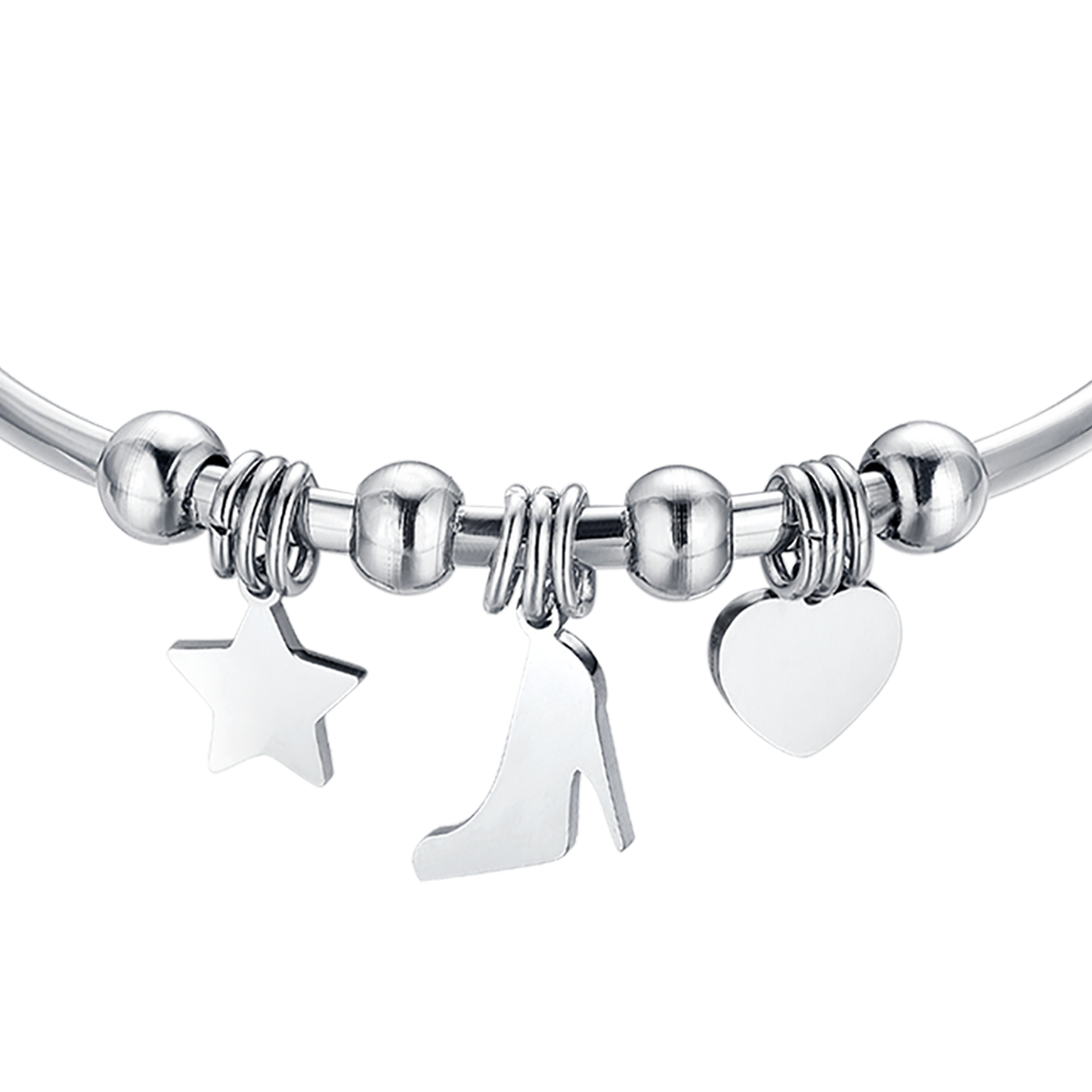 PULSERA DE ACERO CON ESTRELLA, ZAPATO Y CORAZÓN