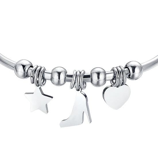 PULSERA DE ACERO CON ESTRELLA, ZAPATO Y CORAZÓN