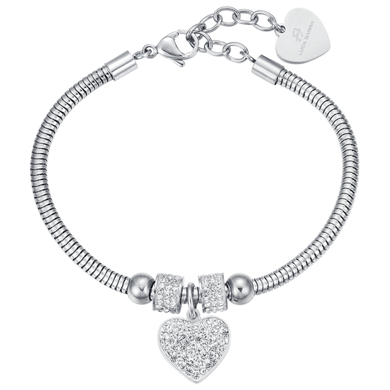 PULSERA DE ACERO PARA MUJER CON CORAZÓN Y CRISTALES BLANCOS