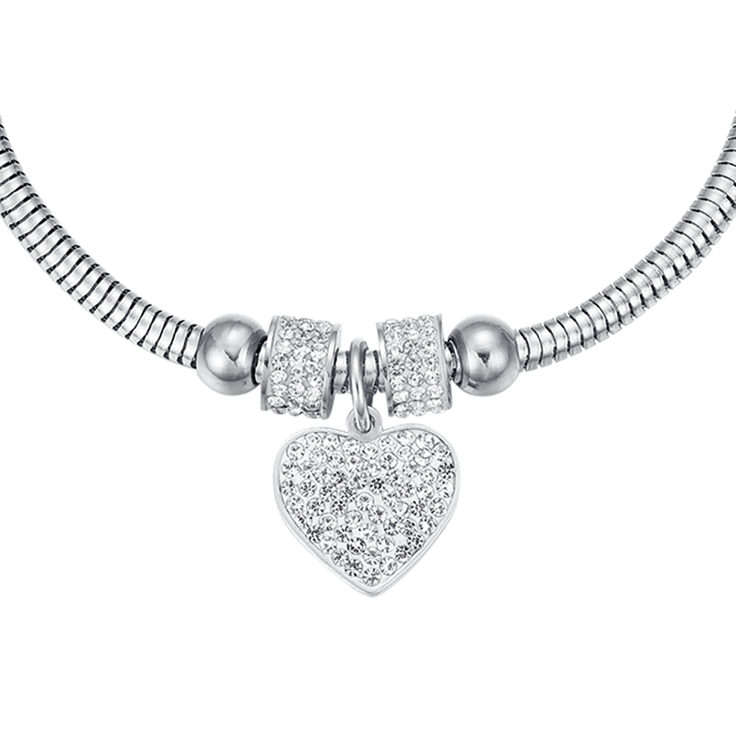 PULSERA DE ACERO PARA MUJER CON CORAZÓN Y CRISTALES BLANCOS