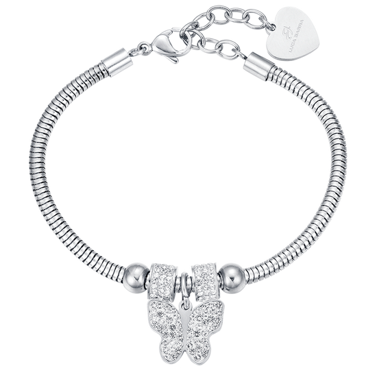 PULSERA DE ACERO PARA MUJER CON MARIPOSA Y CRISTALES BLANCOS