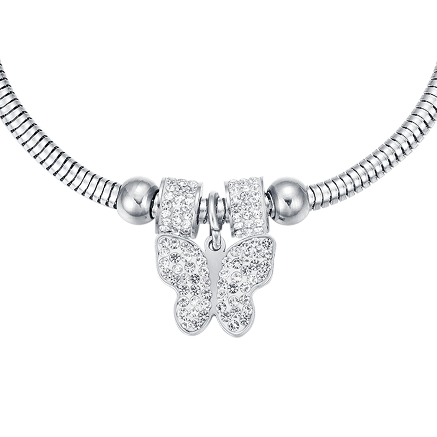 PULSERA DE ACERO PARA MUJER CON MARIPOSA Y CRISTALES BLANCOS