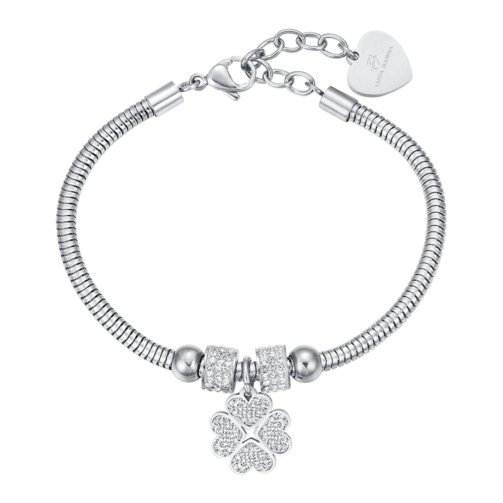 PULSERA DE ACERO PARA MUJER CON TRÉBOL DE CUATRO HOJAS Y CRISTALES BLANCOS