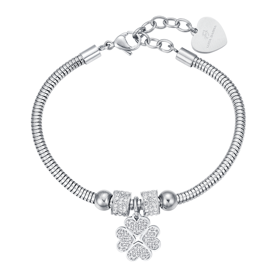 PULSERA DE ACERO PARA MUJER CON TRÉBOL DE CUATRO HOJAS Y CRISTALES BLANCOS