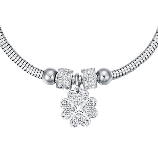 PULSERA DE ACERO PARA MUJER CON TRÉBOL DE CUATRO HOJAS Y CRISTALES BLANCOS