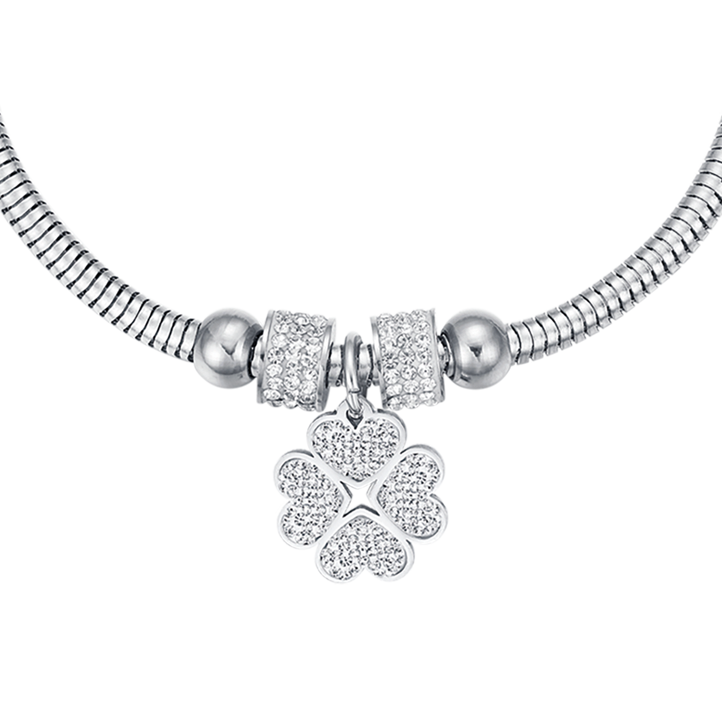 PULSERA DE ACERO PARA MUJER CON TRÉBOL DE CUATRO HOJAS Y CRISTALES BLANCOS