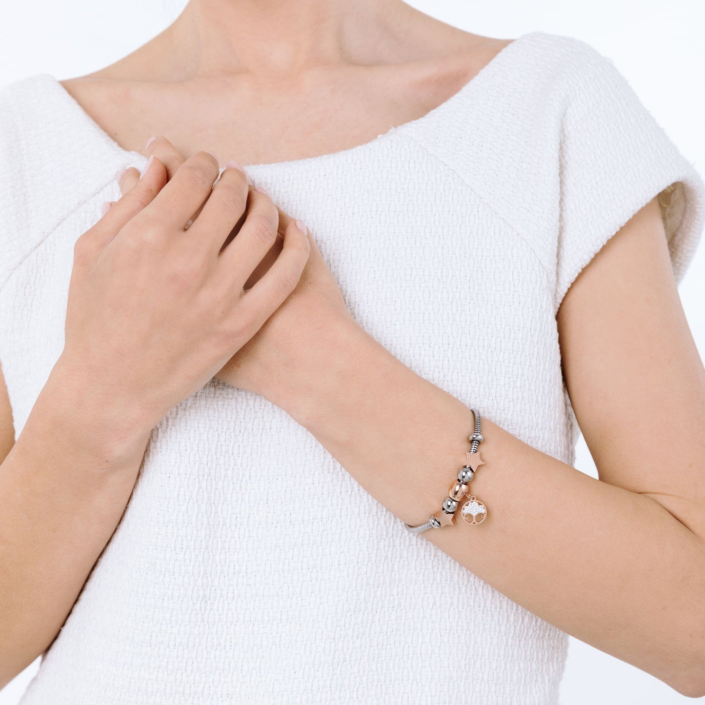 PULSERA DE ACERO PARA MUJER CON ÁRBOL DE LA VIDA IP ROSAS Y CRISTALES BLANCOS Y S