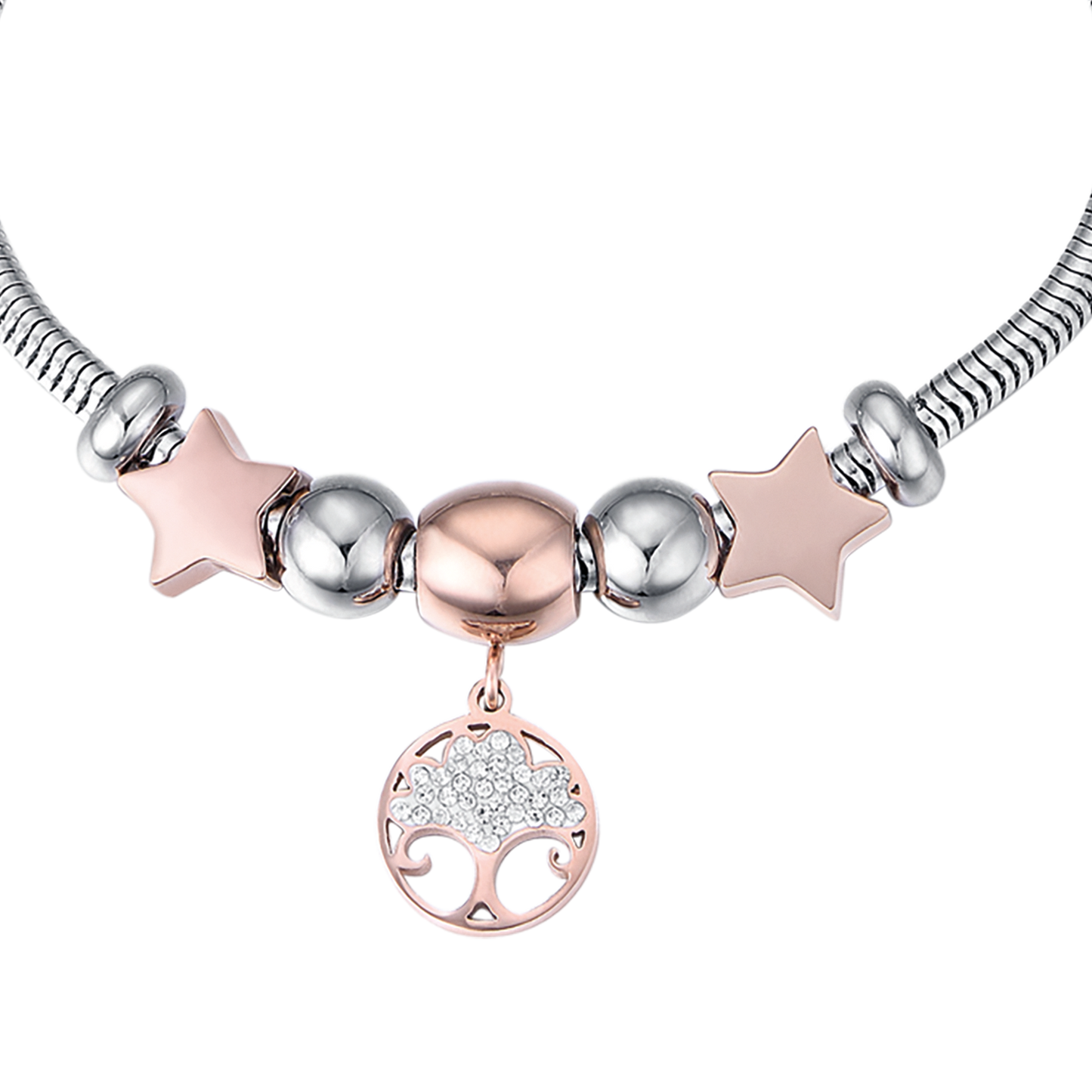 PULSERA DE ACERO PARA MUJER CON ÁRBOL DE LA VIDA IP ROSAS Y CRISTALES BLANCOS Y S