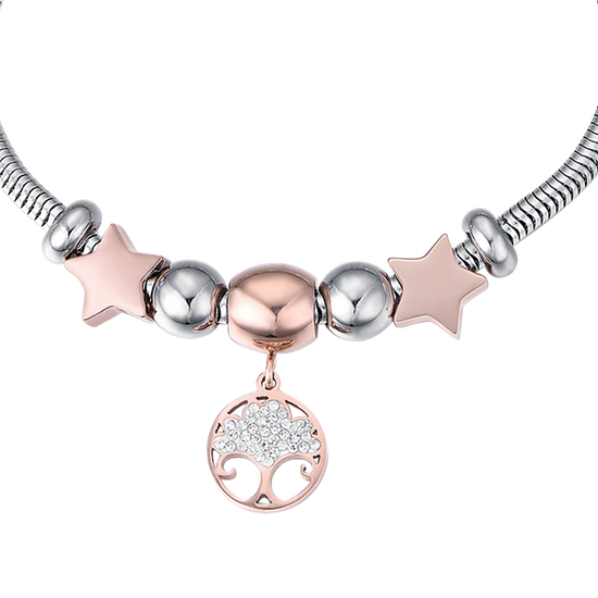 PULSERA DE ACERO PARA MUJER CON ÁRBOL DE LA VIDA IP ROSAS Y CRISTALES BLANCOS Y S
