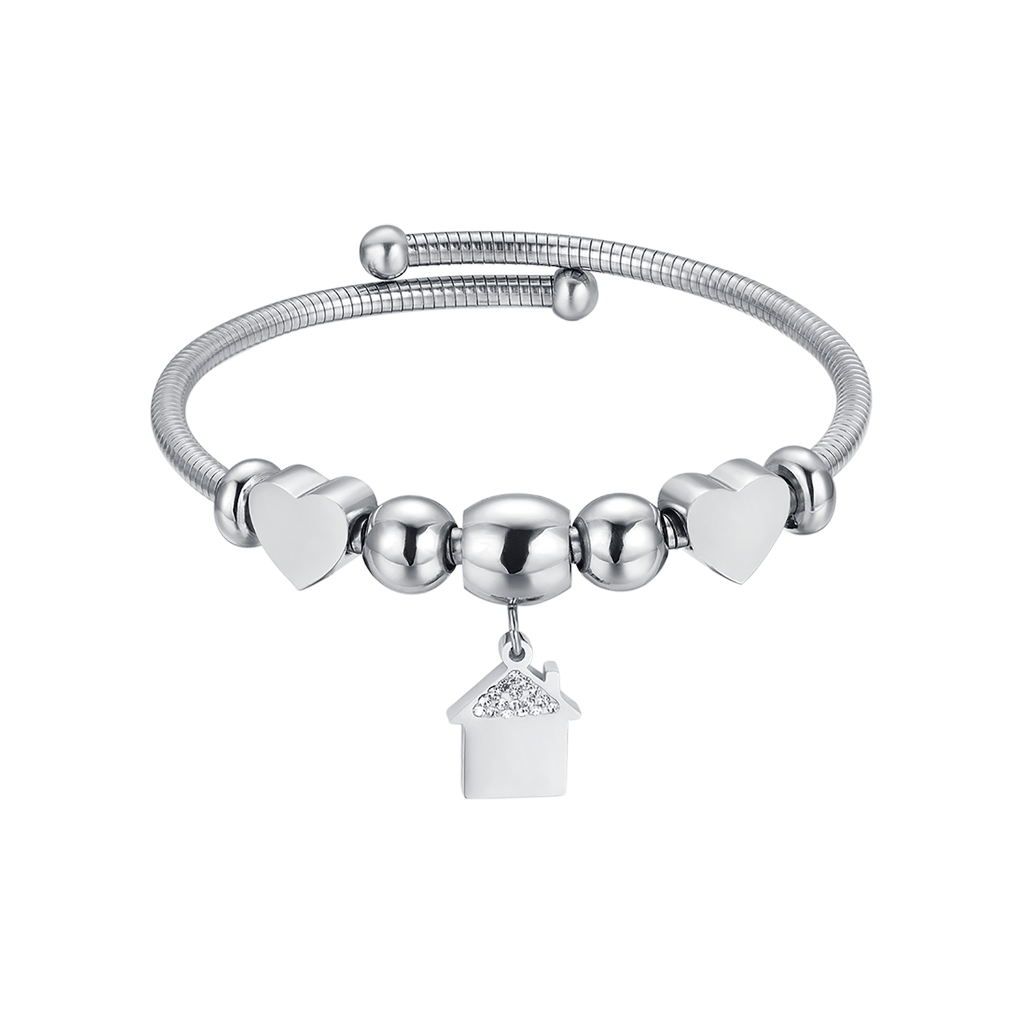 PULSERA DE ACERO CON CASA CON CRISTALES BLANCOS Y CORAZONES DE ACERO
