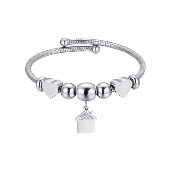 PULSERA DE ACERO CON CASA CON CRISTALES BLANCOS Y CORAZONES DE ACERO