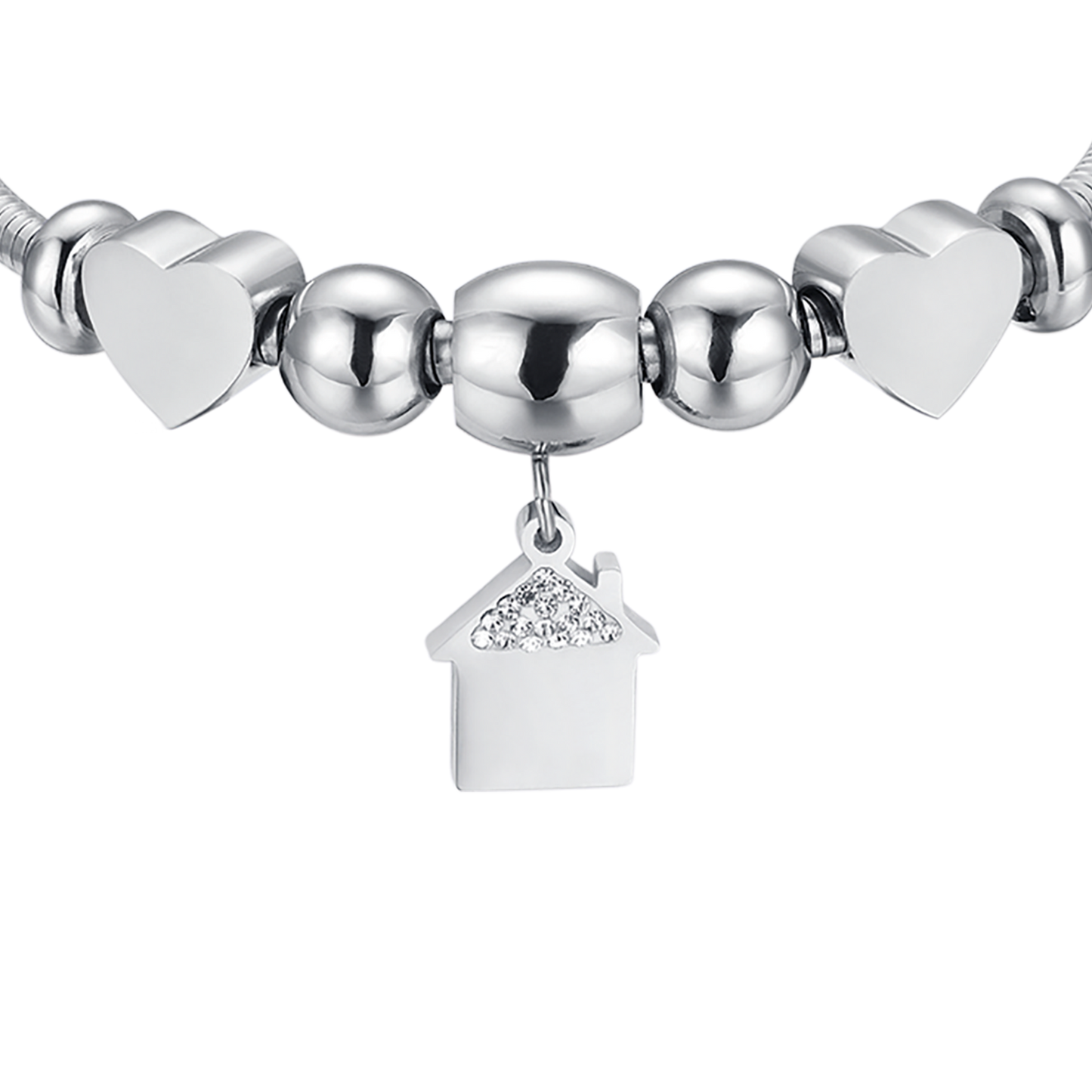PULSERA DE ACERO CON CASA CON CRISTALES BLANCOS Y CORAZONES DE ACERO