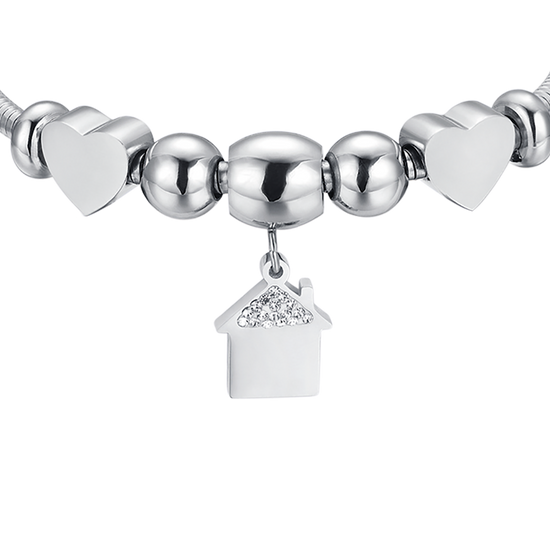 PULSERA DE ACERO CON CASA CON CRISTALES BLANCOS Y CORAZONES DE ACERO