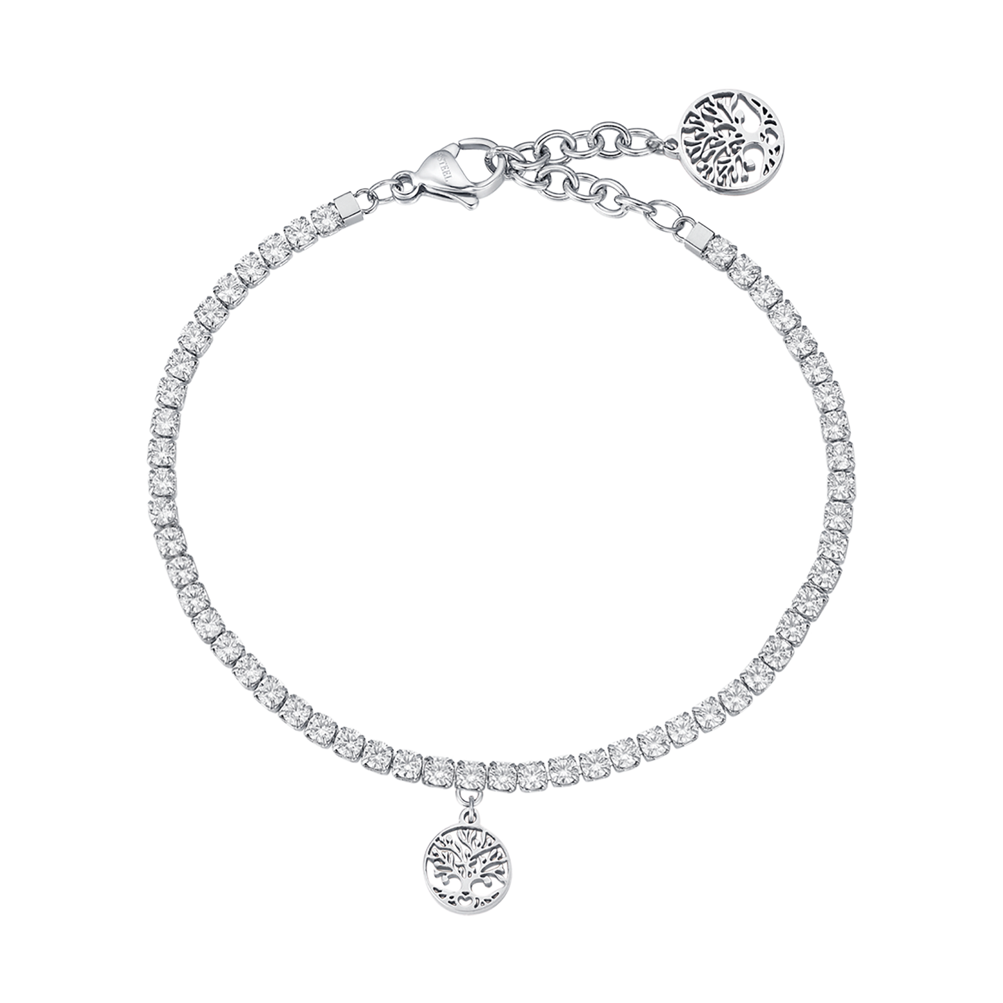 PULSERA DE ACERO CON ÁRBOL DE LA VIDA Y CRISTALES BLANCOS