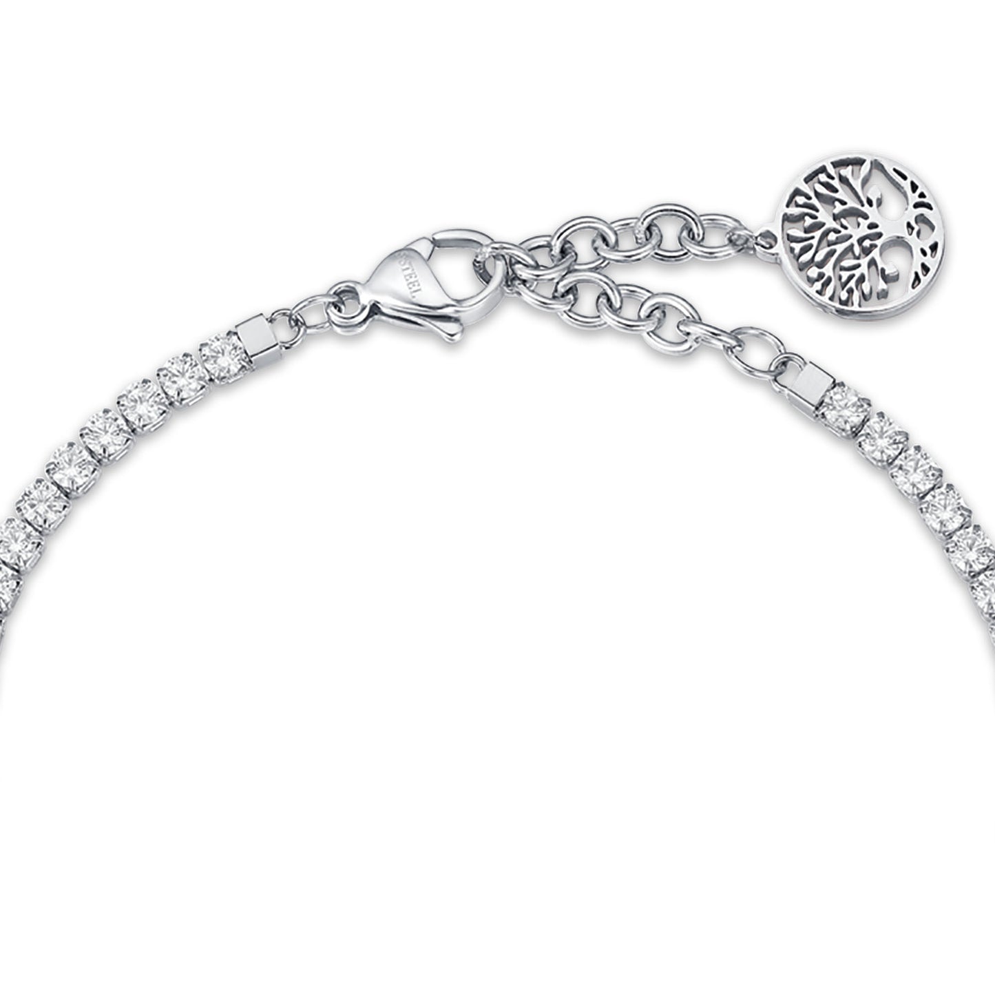 PULSERA DE ACERO CON ÁRBOL DE LA VIDA Y CRISTALES BLANCOS