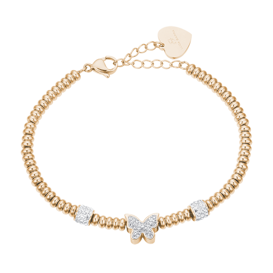 PULSERA DE ACERO DORADO CON MARIPOSA DE CRISTAL BLANCO