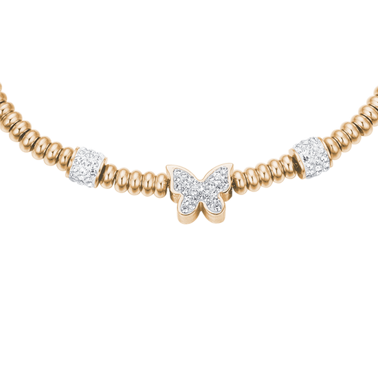 PULSERA DE ACERO DORADO CON MARIPOSA DE CRISTAL BLANCO