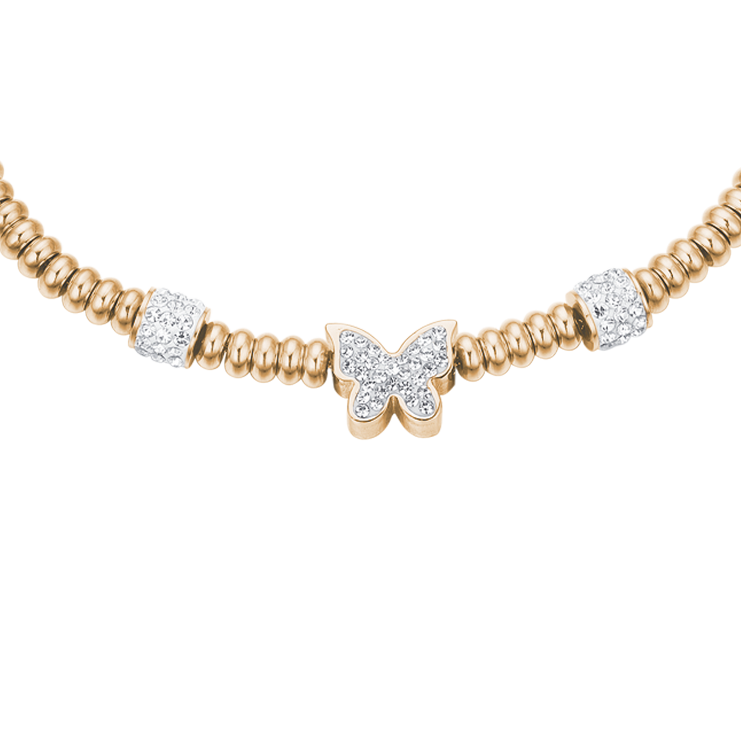 PULSERA DE ACERO DORADO CON MARIPOSA DE CRISTAL BLANCO