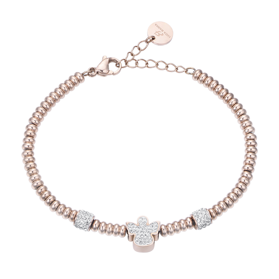 BRACCIALE IN ACCIAIO IP ROSE CON ANGELO CON CRISTALLI BIANCHI